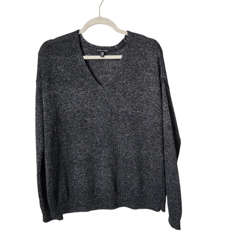 EILEEN FISHER Organic Linen Blend Knit V-Neck Sweater Gray Black Minimalist M